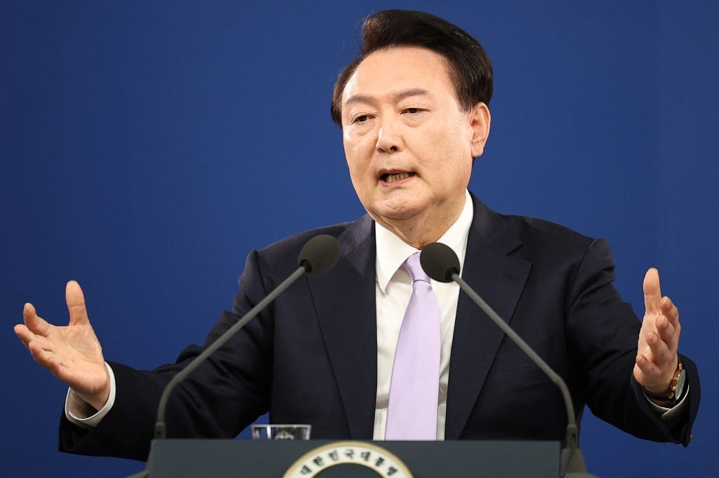 South Korean President Yoon Suk Yeol at a press conference at the Presidential Offie in Seoul on Nov. 7, 2024.