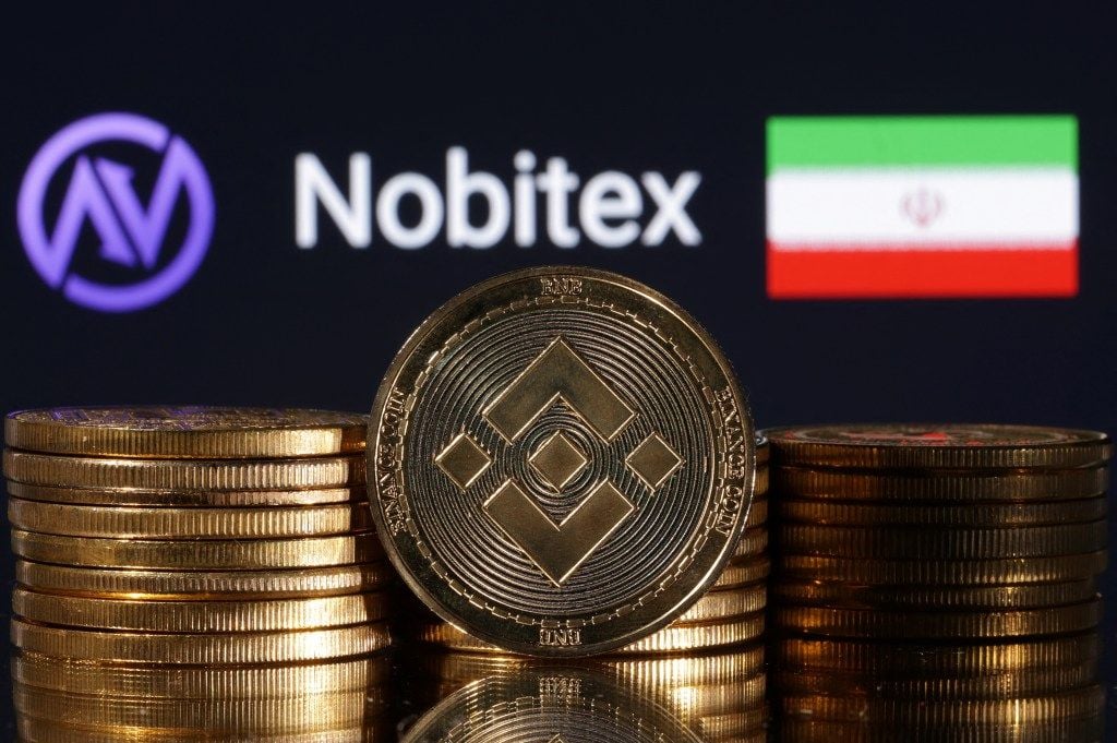 Illustration of Binance cryptocurrency coins in front of a Nobitex logo and the Iranian flag.