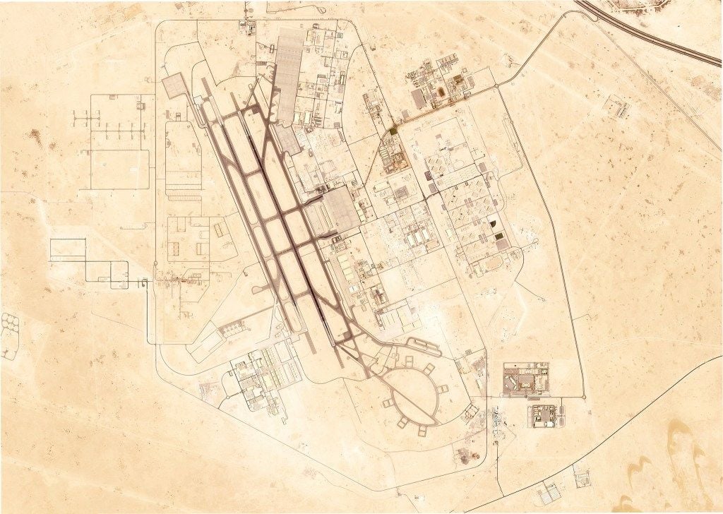 Satellite image of Al Udeid Air Base in Qatar after aircraft departure.