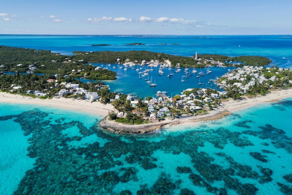 Aerial view of Hope Town, Elbow Cay, Abaco, Bahamas.