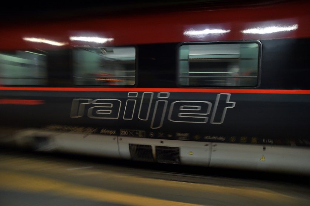 Railjet express train departing Budapest Keleti Railway Station.