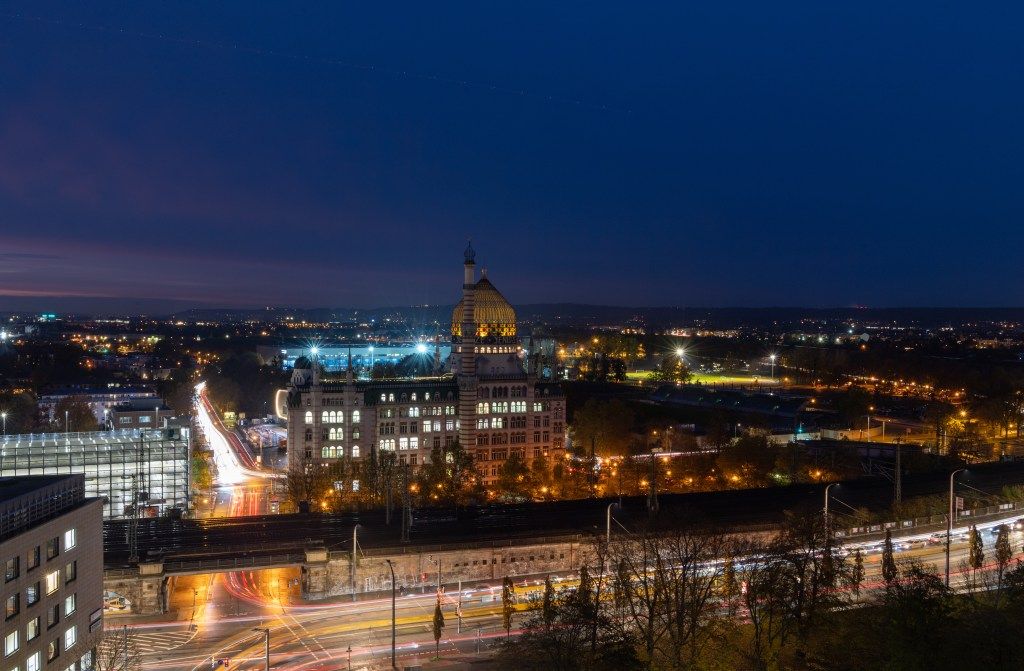 Night view of the Yenidze building in Dresden, Germany.