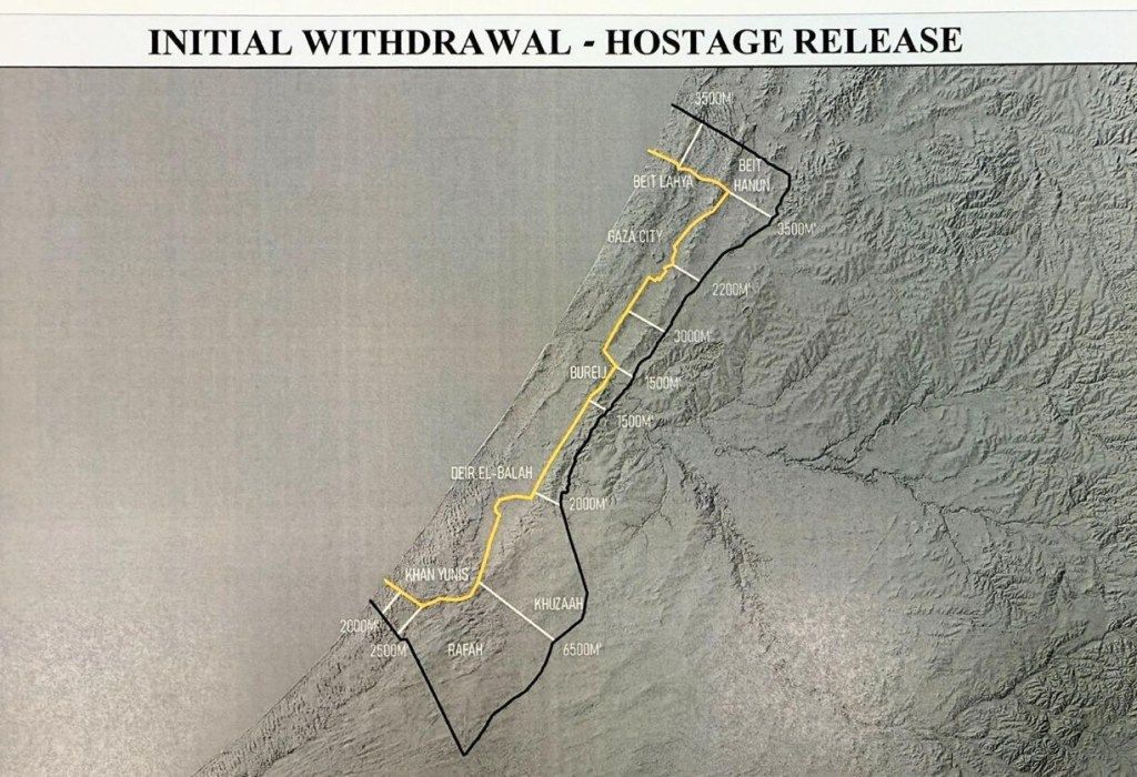 Map showing the initial withdrawal plan for Hamas and Israel, including locations like Gaza City, Beit Lahya, Khan Yunis, and
</p>
<p><a class=