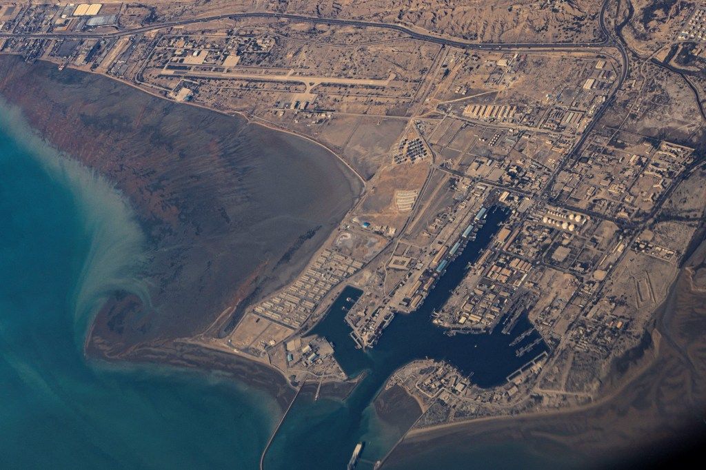An aerial view of the Iranian shores and Port of Bandar Abbas in the strait of Hormuz in Iran.
