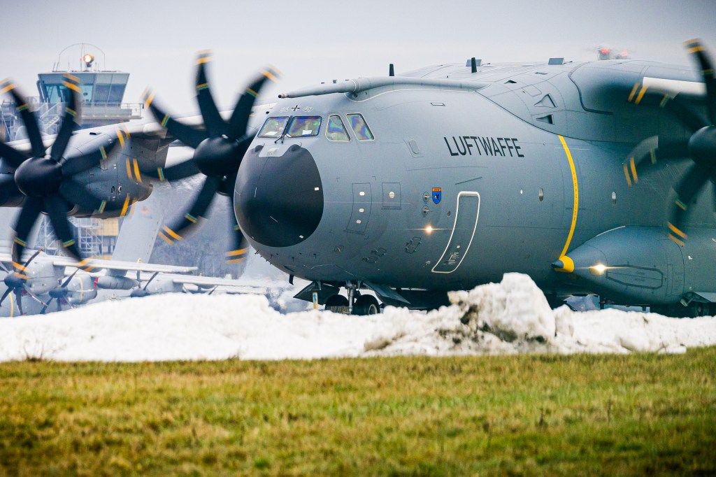 A German Air Force Airbus A400M transport aircraft taxis at Wunstorf Air Base.