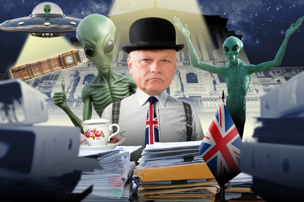 Collage of a man in a bowler hat and Union Jack tie, with aliens, a UFO, Big Ben, and the
</p>
<a class=