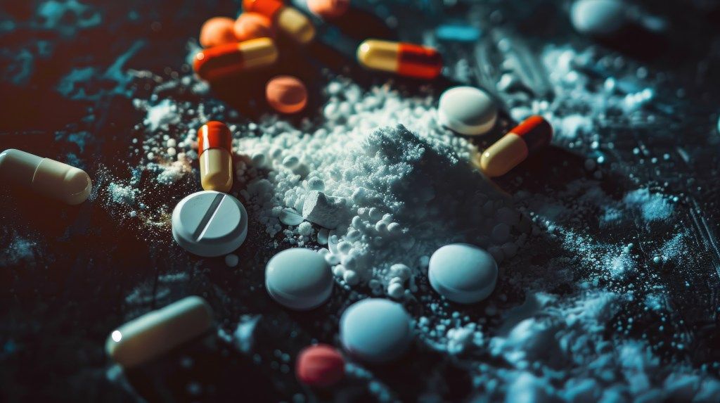 Illustration of various pills and white powder against a dark background, representing drug abuse.
