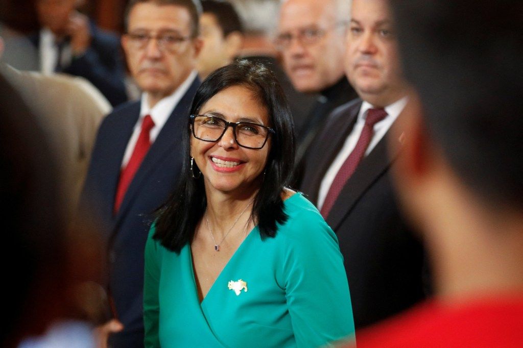 Vice President Delcy Rodriguez smiling at her swearing-in ceremony as Venezuela’s interim president.
