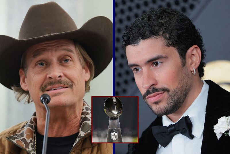 (R) Musician Kid Rock speaks during a subcommittee hearing with the Senate Committee on Commerce, Science, and Transportation in the Russell Senate Office Building on January 28, 2026 in Washington, DC. (Photo by Anna Moneymaker/Getty Images) / (L) Puerto Rican singer Bad Bunny arrives for the 68th Annual Grammy Awards at the Crypto.com Arena in Los Angeles on February 1, 2026. (Photo by Etienne LAURENT / AFP via Getty Images) / (C) A detailed view of the Vince Lombardi Trophy during Super Bowl LX Opening Night at San Jose McEnery Convention Center on February 02, 2026 in San Jose, California. (Photo by Chris Graythen/Getty Images)