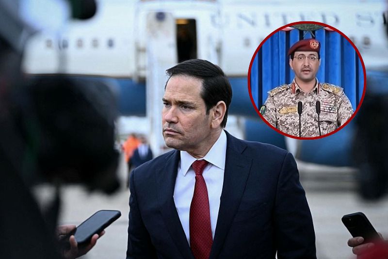 (Background) US Secretary of State Marco Rubio looks on as he speaks to the press following a G7 Foreign Ministers' meeting with Partner Countries before his departure at the Bourget airport in Le Bourget, outside Paris, on March 27, 2026. Foreign ministers from the G7 will take part part in a two-day meeting with European nations and allies seeking to narrow differences with the US on the Middle East war while keeping other crises like Ukraine and Gaza high on the agenda. (Photo by Brendan SMIALOWSKI / POOL / AFP via Getty Images) / (R) Screen capture of Yemeni Brigadier General Yahya Saree announcing a missile attack on Israel on Saturday, March 28, 2026. (via: Al-Masirah)
