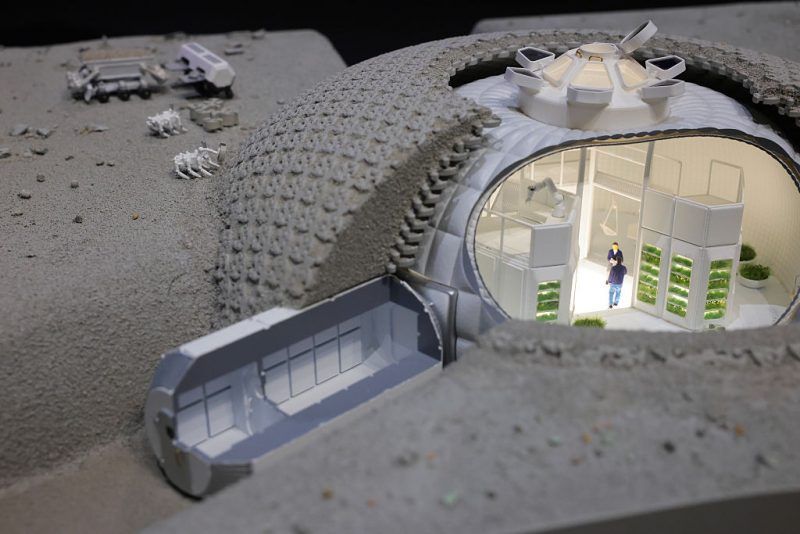 WASHINGTON, DC - MARCH 28: A diorama of the 2023 National Aeronautics and Space Administration Lunar Habitation created by Foster + Partners' 3D printing extra-terrestrial habitat program during the EARTH to SPACE festival at the Kennedy Center on March 28, 2025 in Washington, DC. From March 28 to April 20, the festival brings together artists, engineers, musicians, and astronauts to explore the universe and environmental challenges through art. (Photo by Kayla Bartkowski/Getty Images)
