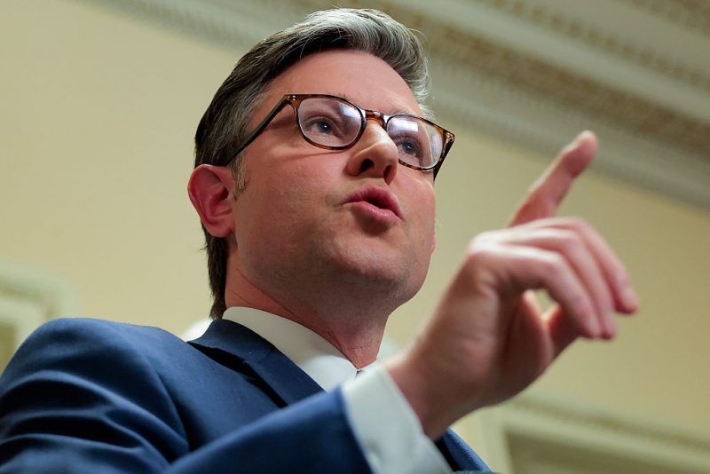 WASHINGTON, DC - MARCH 27: U.S. Speaker of the House Mike Johnson (R-LA) speaks with the media in the U.S. Capitol on March 27, 2026 in Washington, DC. Speaker of the House Mike Johnson said that the House would not support the bill passed by the Senate to fund DHS with the exception of Immigration and Customs Enforcement and Border Patrol. (Photo by Heather Diehl/Getty Images)