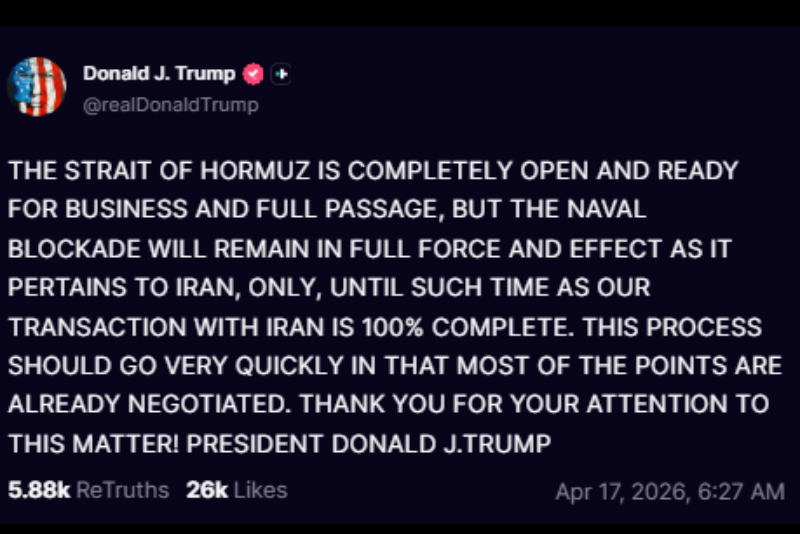 President Donald Trump Truth Social post