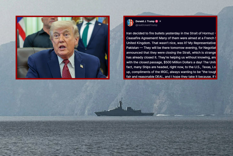 (L) U.S. President Donald Trump speaks in the Oval Office after signing an Executive Order April 18, 2026 in Washington, DC. The executive order directs the Food and Drug Administration to issue new guidance on the use of psychedelic drugs intended for clinical trials for U.S. veterans suffering from Post Traumatic Stress Disorder. 2 (Photo by Tasos Katopodis/Getty Images) / (R) President Donald Trump Truth Social post / (Background) A navy vessel is seen sailing in the Strait of Hormuz, a vital waterway through which much of the world's oil and gas passes on March 1, 2026. Two ships were attacked in the Strait of Hormuz on March 1, maritime security agencies said, as Iran pressed a second day of strikes in response to US-Israeli military strikes on Iran killing it's supreme leader. (Photo by Sahar AL ATTAR / AFP via Getty Images)