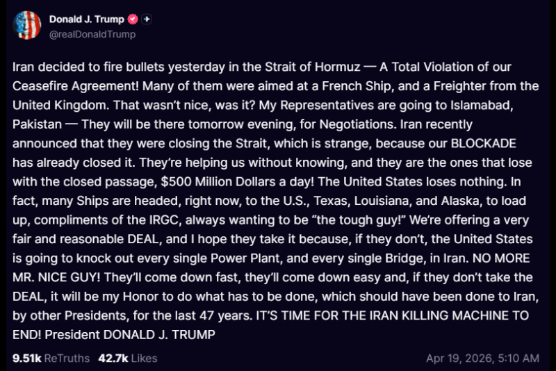 President Donald Trump Truth Social post