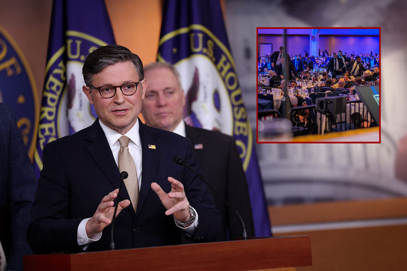 (R) Secret Service agents move across the ballroom during a shooting incident at the annual White House Correspondents Association Dinner at the Washington Hilton on April 25, 2026 in Washington, DC. According to reports, President Donald Trump, along with other government officials, were evacuated from the Washington Hilton gun shots. (Photo by Andrew Harnik/Getty Images) / (Background) U.S. Speaker of the House Mike Johnson (R-LA), joined by House Majority Leader Steve Scalise (R-LA), speaks at a press conference at the U.S. Capitol on April 21, 2026 in Washington, DC. Johnson, who was joined fellow House Republican leaders, spoke on the ongoing partial shutdown of the Department of Homeland Security, Foreign Intelligence Surveillance Act (FISA), and rising energy prices. (Photo by Kevin Dietsch/Getty Images)