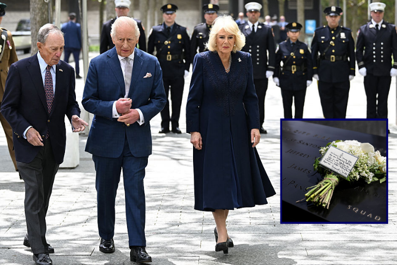 Britain's King Charles III, Queen Camilla and Michael Bloomberg (L), chairman of the National September 11 Memorial, attend a ceremony at the National September 11 Memorial on day three of the State Visit of King Charles III and Queen Camilla to the United States of America, on April 29, 2026 in New York City. (Photo by Samir HUSSEIN / POOL / AFP via Getty Images)