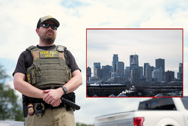 (R) A general view of downtown on December 4, 2025 in Minneapolis, Minnesota. The Trump administration has targeted the Somali immigrant community as ICE increased operations in Minnesota this week. (Photo by Stephen Maturen/Getty Images) / (Background) A Homeland Security Investigations (HSI) officer, the investigative arm of the U.S. Department of Homeland Security (DHS), stands by as the U.S. Park Police inspect a vendor's truck after detaining a person on the National Mall on August 13, 2025 in Washington, DC. U.S. President Donald Trump announced plans to deploy federal officers and the National Guard to the District in order to place the DC Metropolitan Police Department under federal control and assist in crime prevention in the nation's capital. (Photo by Kevin Dietsch/Getty Images)