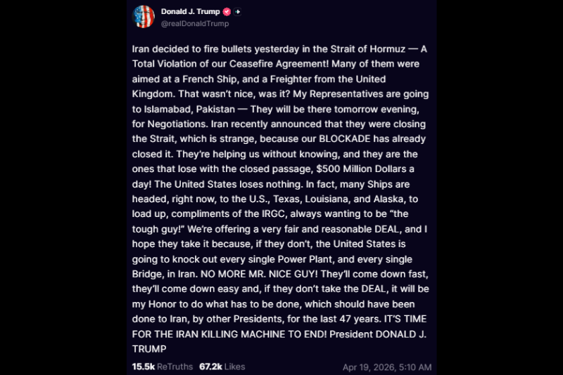 President Donald Trump Truth Social post