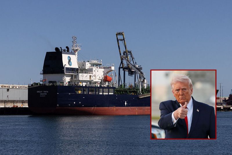(R) U.S. President Donald Trump waves to the media after walking off of Air Force One at Miami International Airport on April 11, 2026 in Miami, Florida. President Trump came to town to attend a UFC Fight. (Photo by Tasos Katopodis/Getty Images) / (Background) Singaporean oil tanker "Great Thita" is moored at the port of Los Angeles, on April 11, 2026. (Photo by ETIENNE LAURENT / AFP via Getty Images)