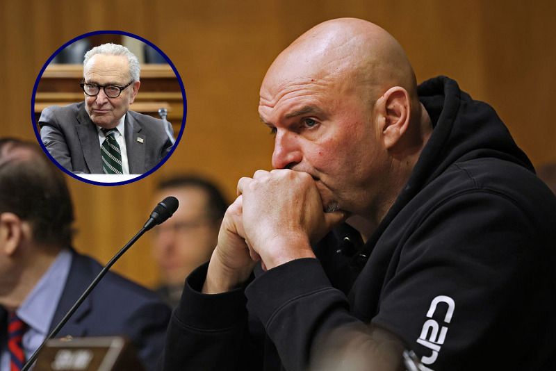(Background) U.S. Sen. John Fetterman (D-PA) listens during a confirmation hearing for U.S. Sen. Markwayne Mullin (R-OK) to be the next Secretary of the Department of Homeland Security in the Dirksen Senate Office Building on March 18, 2026 in Washington, DC. President Trump nominated Mullin to replace Kristi Noem as DHS Secretary. (Photo by Anna Moneymaker/Getty Images) / (L) U.S. Senate Minority Leader Chuck Schumer (D-NY) speak to reporters after a roundtable on rising energy costs on Capitol Hill on March 17, 2026 in Washington, DC. Senate Democrats held the hearing to discuss the rise of energy prices for people in the United States. (Photo by Anna Moneymaker/Getty Images)