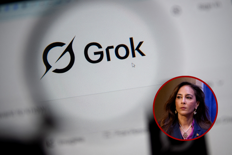 (Background) In this photo illustration, the Grok website is seen through a magnifying glass on a computer screen in Bogota on February 12, 2026. Brazilian authorities reported on February 12 that they had ordered billionaire Elon Musk's social network X to take immediate action to prevent the creation of sexual images generated by Grok, its artificial intelligence (AI) assistant. (Photo by Pablo VERA / AFP via Getty Images) / (R) Assistant Attorney General for Civil Rights Harmeet Dhillon arrives for a news conference at the Justice Department on September 29, 2025 in Washington, DC. The Justice Department has filed a complaint under the Freedom of Access to Clinic Entrances (FACE) Act against protestors who targeted a New Jersey synagogue in November 2024. (Photo by Andrew Harnik/Getty Images)