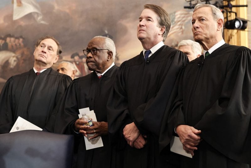 (From L-R) US Associate Supreme Court Justices Samuel Alito, Jr., Clarence Thomas and Brett Kavanaugh and U.S. Supreme Court Chief Justice John Roberts look on during inauguration ceremonies in the Rotunda of the U.S. Capitol on January 20, 2025 in Washington, DC. Donald Trump takes office for his second term as the 47th president of the United States. (Photo by Chip Somodevilla / POOL / AFP via Getty Images)