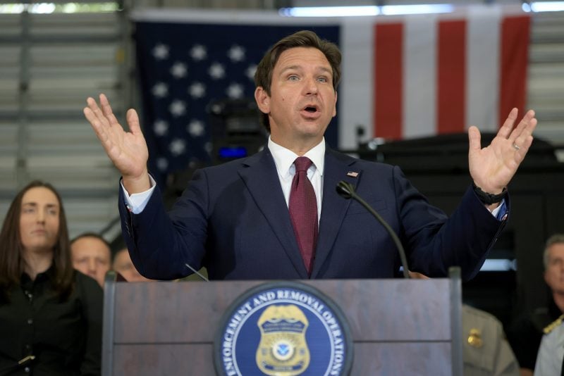 MIRAMAR, FLORIDA - MAY 01: Florida Gov. Ron DeSantis speaks during a press conference held at the ICE-Enforcement and Removal Operation office on May 01, 2025 in Miramar, Florida. DeSantis talked about a multi-agency immigration enforcement effort named Operation Tidal Wave that they say resulted in more than 1,100 arrests in a single week in Florida. (Photo by Joe Raedle/Getty Images)