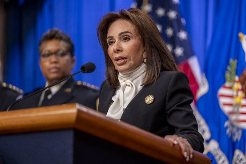 US Attorney for the District of Columbia Jeanine Pirro speaks during a news conference at the Department of Justice to discuss the arrest of man in connection with pipe bombs placed near the Democratic and Republican party headquarters on the eve of the January 6, 2021 US Capitol riot, in Washington, DC, on December 4, 2025. (Photo by DANIEL HEUER / AFP via Getty Images)