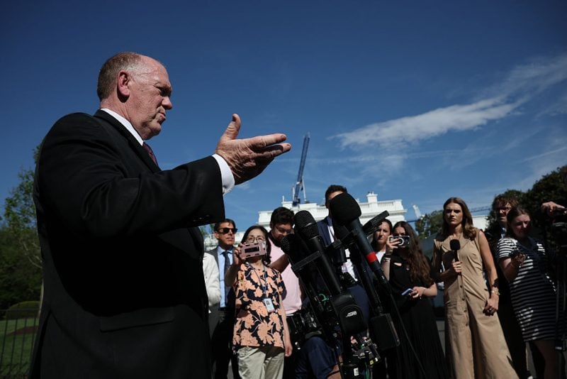 WASHINGTON, DC - APRIL 14: U.S. "Border Czar" Tom Homan takes questions from reporters following a television interview with Newsmax outside the White House on April 14, 2026 in Washington, DC. Homan answered a range of questions related to immigration policy during the interview. (Photo by Win McNamee/Getty Images)