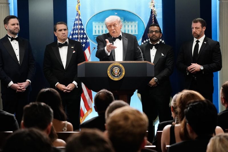WASHINGTON, DC - APRIL 25: U.S. President Donald Trump speaks during a press conference in the Brady Briefing Room of the White House on April 25, 2026 in Washington, DC. President Trump is making a statement after the cancelation of the annual White House Correspondents Association Dinner after a possible shooting. (Photo by Nathan Howard/Getty Images)