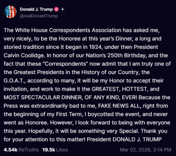 Trump Truth Social post  (via: President Donald Trump; Truth Social)