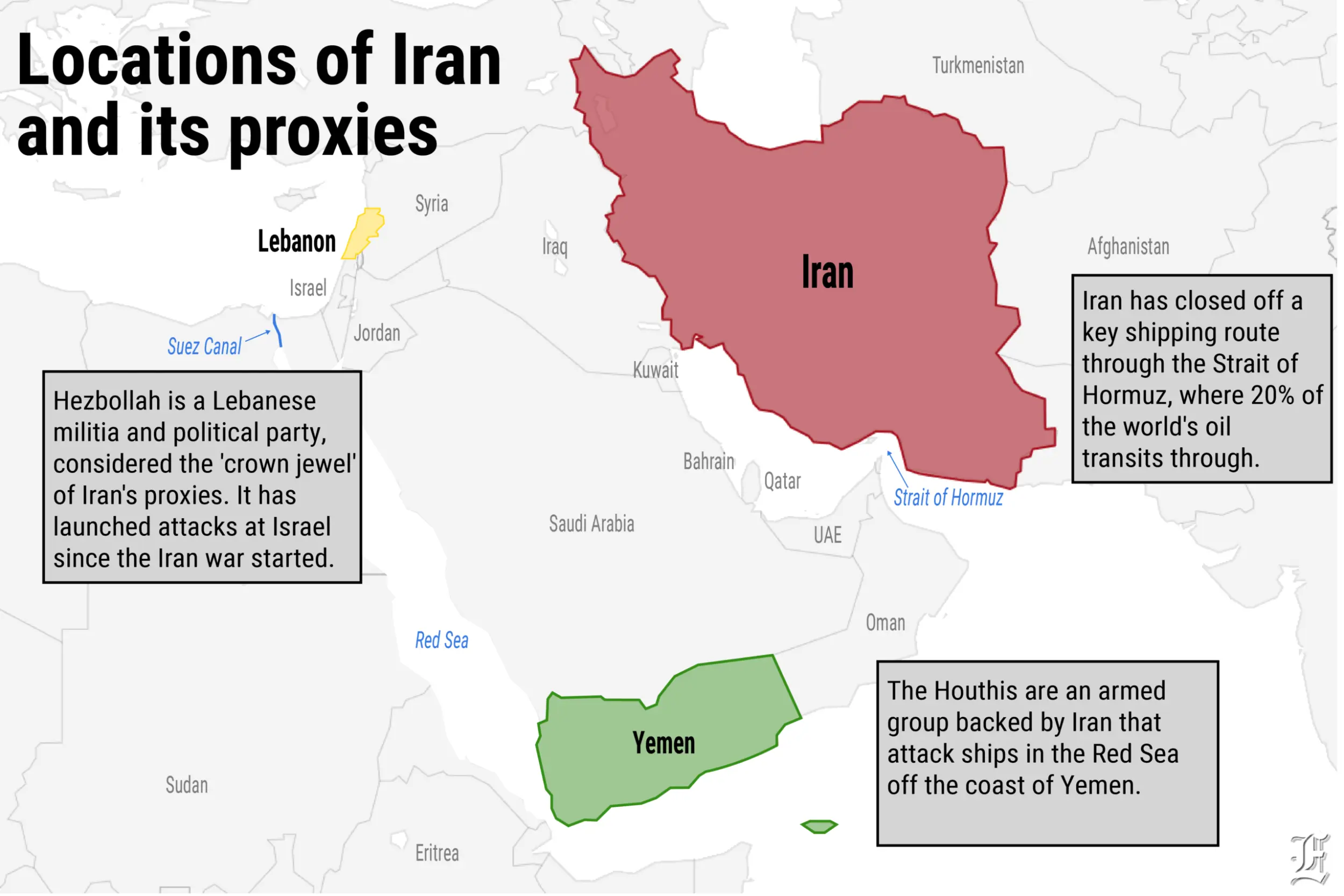 Map with descriptions of Iran's proxies locations