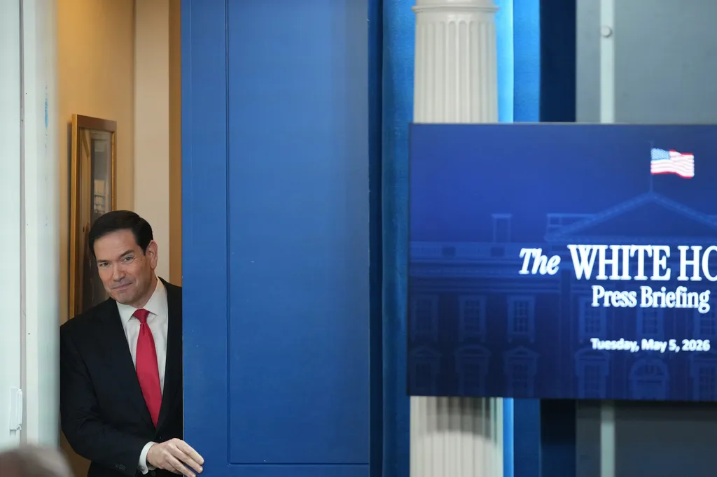 Secretary of State Marco Rubio arrives to speak at a press briefing in the James Brady Press Briefing Room at the White House in Washington, Tuesday, May 5, 2026.