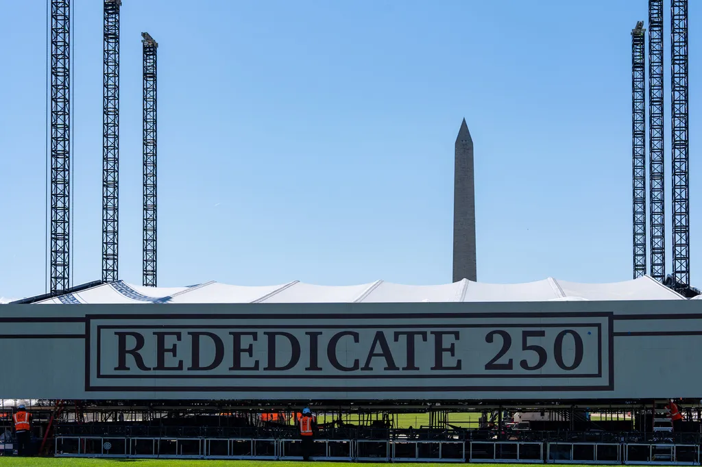 Work continues on the stage for the Rededicate 250 celebration on the National Mall.