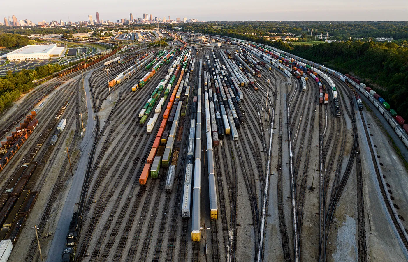 Freight train cars sit in a Norfolk Southern rail yard in Atlanta, Georgia in 2022. (Danny Karnik/AP)