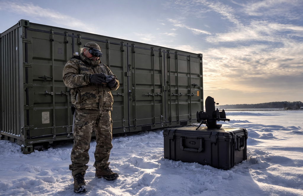 Drone operator stands outside a Tactical Drone Factory made by Sensofusion
