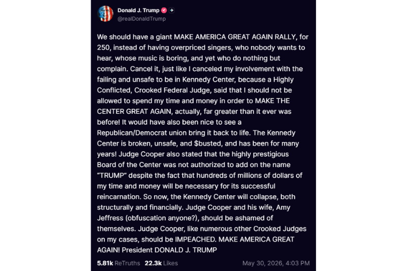 President Donald Trump Truth Social post