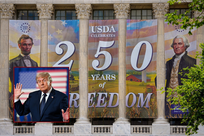 (Background) Banners hang from the United States Department of Agriculture (USDA) as workers continue to build out Freedom 250's Great American State Fair infrastructure on the National Mall on May 14, 2026 in Washington, DC. (Photo by Andrew Harnik/Getty Images) / (Insert) U.S. President Donald Trump dances on stage after delivering remarks during a campaign and economic policy event in the Eugene Levy Fieldhouse at SUNY Rockland Community College on May 22, 2026 in Suffern, New York. (Photo by Roberto Schmidt/Getty Images)