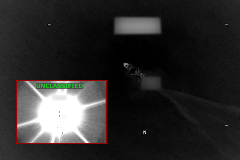 (Background) Screengrab of video showing suspected narco-trafficking vessel, May 30, 2026. (Image via U.S. Central Command's X account) / (Insert) Screengrab of video showing U.S. forces conduct a strike against a suspected narco-trafficking vessel, May 30, 2026. (Image via U.S. Central Command's X account)