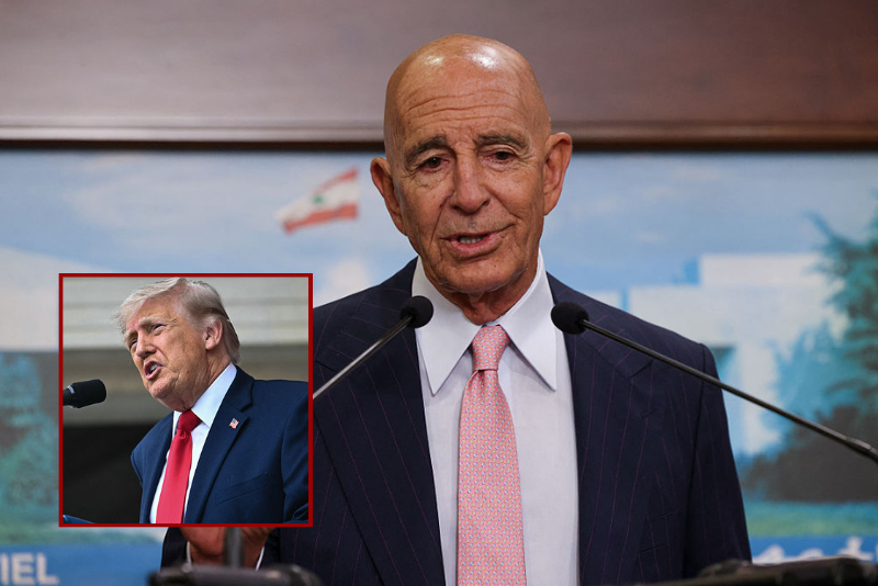 (Background) US ambassador to Turkey and special envoy for Syria Tom Barrack speaks during a joint press conference following his meeting with Lebanon's president at the Presidential Palace in Baabda on August 18, 2025. (Photo by ANWAR AMRO/AFP via Getty Images) / (Insert) US President Donald Trump speaks during the National Memorial Day Observance at the Memorial Amphitheatre in Arlington National Cemetery in Arlington, Virginia on May 25, 2026. (Photo by Kent NISHIMURA / AFP via Getty Images)