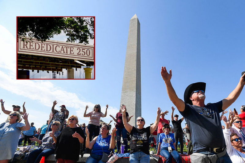 (Background) Christian worshipers raise their hands as faith leaders pray during the Roots of Revival event at the Washington Monument, held a day ahead of "Rededicate 250: A National Jubilee of Prayer, Praise and Thanksgiving" in Washington, DC, on May 16, 2026. (Photo by Matthew Hatcher / AFP via Getty Images) / (Insert) A "Rededicate 250" sign is visible as workers continue to build out Freedom 250's Great American State Fair infrastructure on the National Mall on May 14, 2026 in Washington, DC. (Photo by Andrew Harnik/Getty Images)