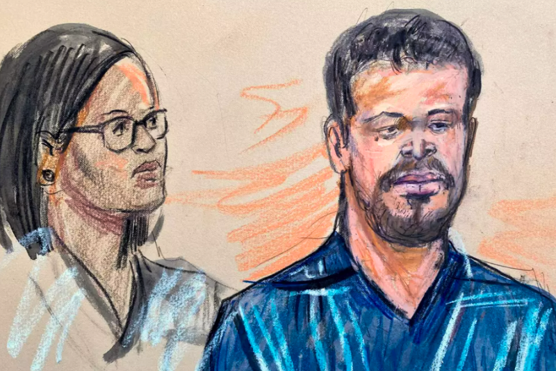 A courtroom sketch depicts Cole Tomas Allen, right, with his attorney, Tezira Abe, in federal court on Monday. (Courtroom sketch illustrated by Dana Verkouteren)