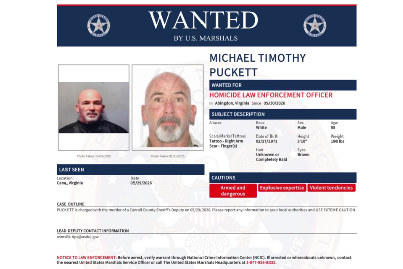 Wanted poster for Michael Timothy Puckett (via; U.S. Marshals Service, X)