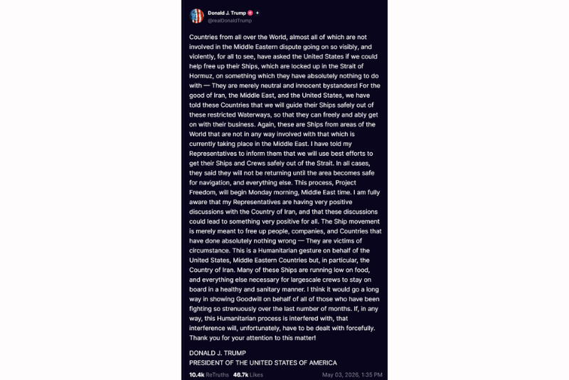President Donald Trump Truth Social post