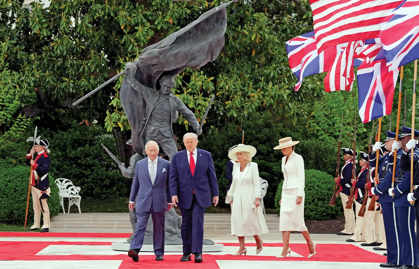 President Donald Trump in the White House’s Rose Garden with Britain’s King Charles III, Queen Camilla, and first lady Melania Trump, April 28, 2026. (Alex Brandon / AP)