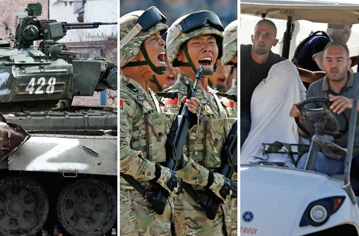 From left, a tank with Russian markings in Donetsk, Ukraine, March 11, 2022; Chinese soldiers on parade in Beijing, Sept. 3, 2015; Palestinians transport an Israeli to Gaza after kidnapping them from a kibbutz near the Gaza border, Oct. 7, 2023. (From left: Anadolu Agency/Getty; Rolex Dela Pena/AP; AP)
