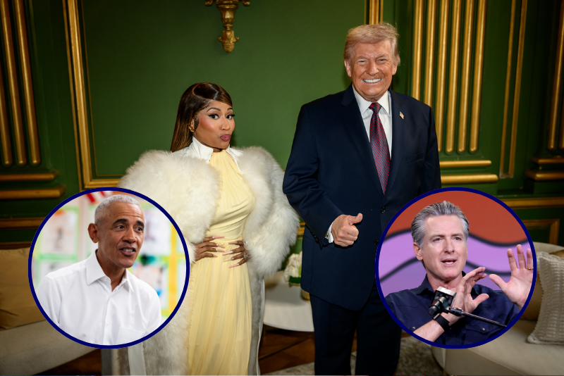 (Background) Nicki Minaj poses with President Donald Trump (via: White House; X) / (L) Former President Barack Obama speaks with students during a visit to Learning Through Play Pre-K with Mayor Zohran Mamdani, on April 18, 2026 in the Bronx borough of New York City. (Photo by Angelina Katsanis - Pool/Getty Images) / (R) Governor Gavin Newsom speaks at Networth and Chill podcast at the Vox Media Podcast Stage at SXSW on March 15, 2026 in Austin, Texas. (Photo by Rick Kern/Getty Images for Vox Media)