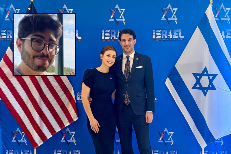 (Background) Yaron Lischinsky and Sarah Milgrim (via: Yaron Lischinsky; X) / (L) Elias Rodriguez (via: Elias Rodriguez; LinkedIn)