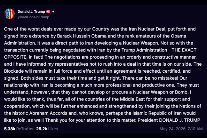 President Donald Trump Truth Social post
